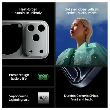 Collage ad for Straight Talk Apple iPhone 17 Pro highlights camera zoom levels and battery life