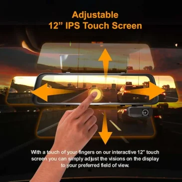 Car mirror with 12" IPS display, orange arrows show touch adjustment, sunset road background.