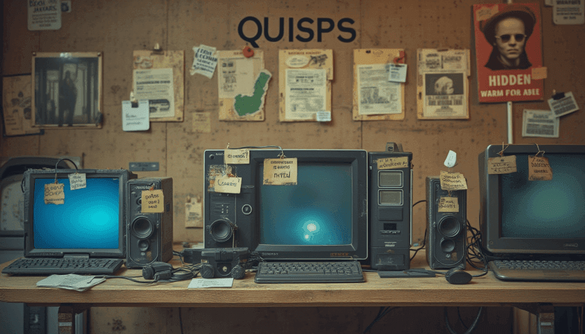 Old computers with glowing screens crowd a wooden desk under a bulletin board full of papers.