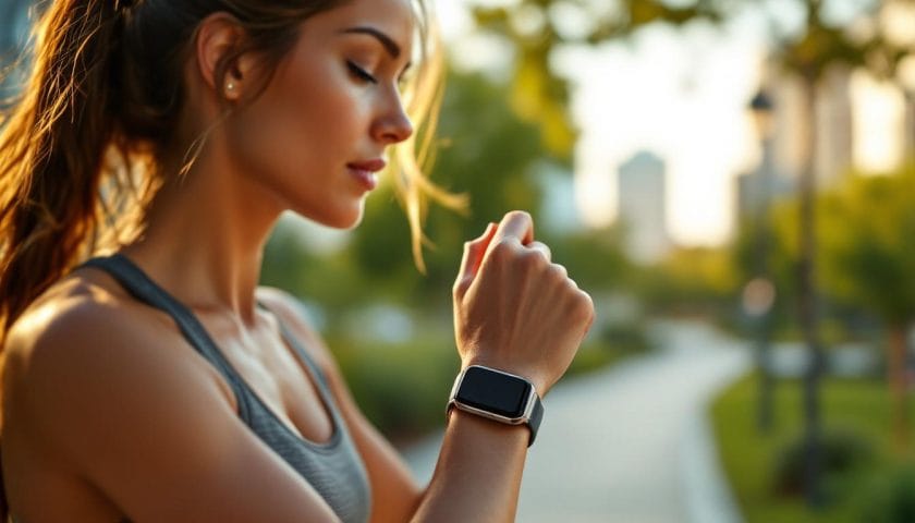 Athletic woman fitbit urban fitness