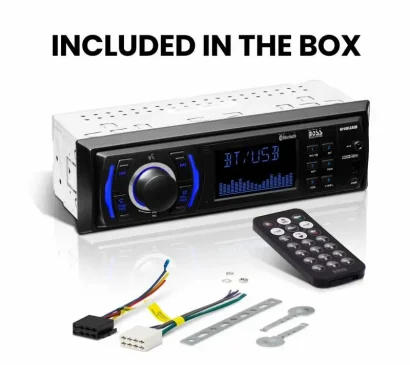 Unboxed Boss 610UAB stereo shows black head unit, blue-lit display, remote, colored wires, and metal brackets.