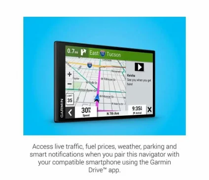 Garmin GPS navigator displays map directions to Keisha in East Tucson, 0.7 miles away at 30 mph.