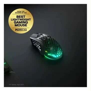 PC Gamer award badge for Best Lightweight Gaming Mouse next to black SteelSeries Aerox 9.