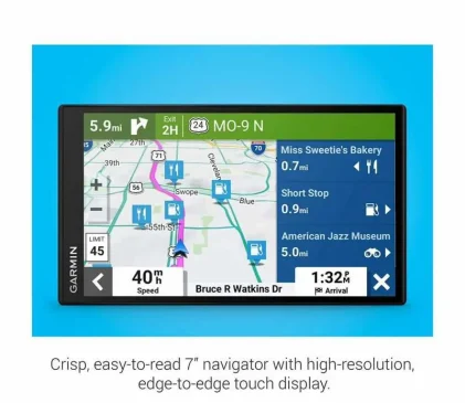 Garmin 7-inch navigator displays crisp map with directions on Bruce R Watkins Dr and nearby spots like Miss Sweetie's Bakery.