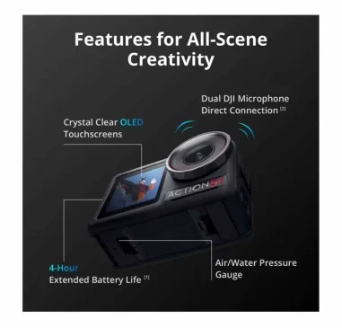 DJI Osmo Action 5 Pro camera shows features for all-scene creativity, including OLED touchscreens and dual DJI mics.