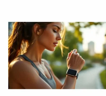 Stylish athlete views Fitbit Versa 4 while pausing on park trail.