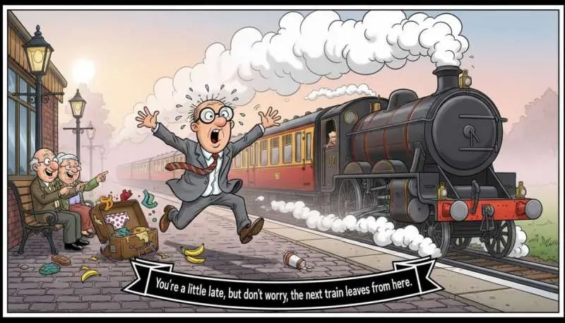 Humorous cartoon of a man with an exploded suitcase at a train station, missing his ride, with a banner saying the next train leaves from here.