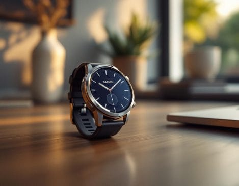 Garmin venu sq2 smartwatch wooden desk