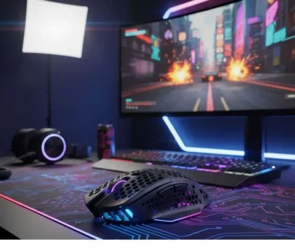 RGB gaming mouse sits on a circuit-pattern mouse pad in a neon-lit setup with curved monitor showing cyberpunk race.