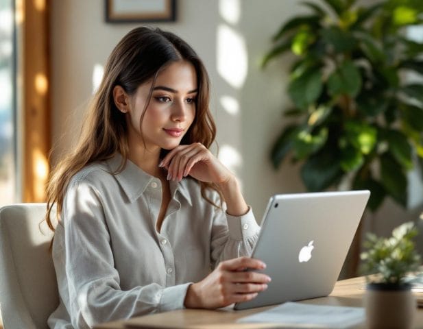 Young woman using preowned apple ipad office
