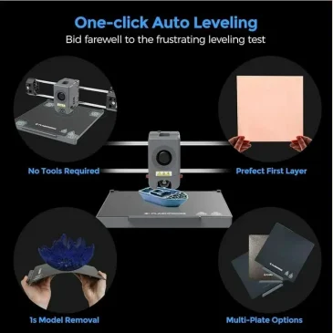 FLAPSORE 3D printer ad highlights one-click auto leveling, no tools needed, perfect first layer, easy model removal, and multi-plate options.