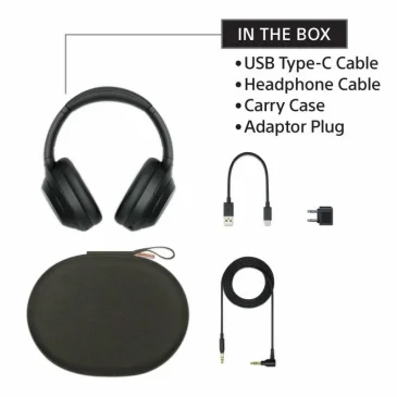 In the box for Sony over-ear headphones: USB-C cable, audio cable, black carry case, and plug adapter.