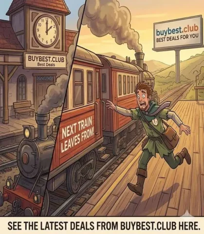Comic style illustration of a frantic businessman chasing a departing steam train at BuyBest.club station, missing the 'expired offer' but reaching for 'new offers' 