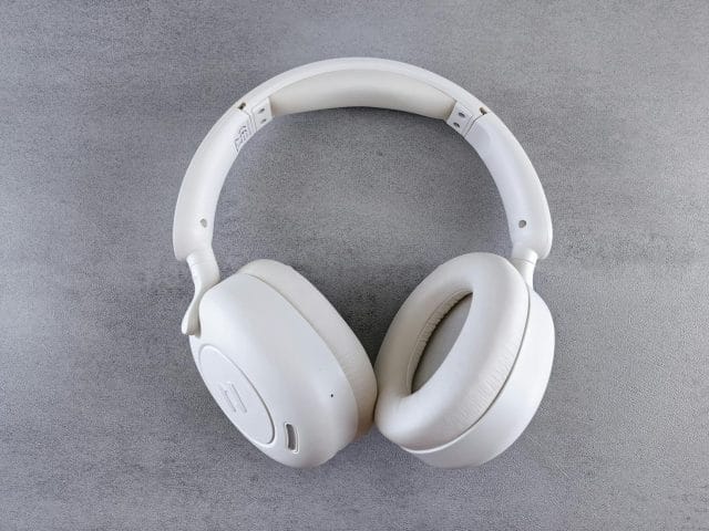 Sony WH white headphones viewed from the front.
