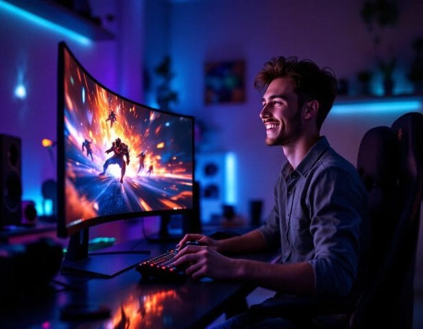 Young man gaming curved monitor room