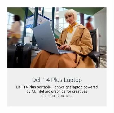 Stylish traveler in tan trench coat and orange scarf works on Dell 14 Plus laptop at busy airport terminal.