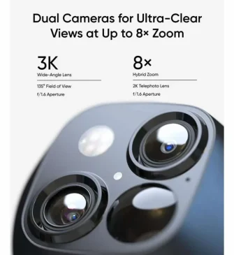 Black smartphone's dual camera system includes f/1.6 wide-angle and telephoto for sharp 8x zooms.