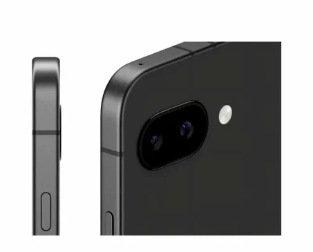 Google Pixel 9a rear camera module with dual lenses and flash in black.