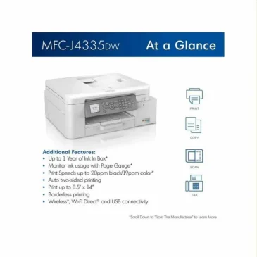 Brother MFC-J4335DW all-in-one printer at a glance, shows print, copy, scan, and fax icons with key features.