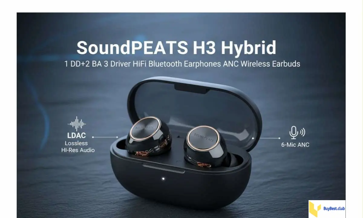 SoundPEATS H3 Hybrid ANC wireless earbuds in open black charging case.