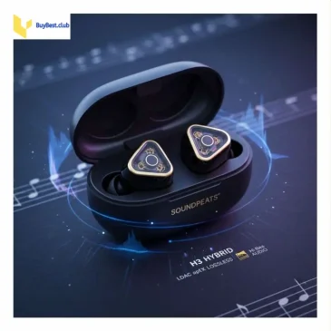 Open charging case holds SoundPEATS H3 Lossless earbuds with Hi-Res Audio labels and musical notes nearby.