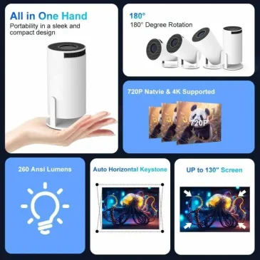 Compact white projector fits in one hand with 180-degree rotation and stand.