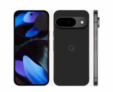 Google Pixel 9 (G2YBB 256 GB) in black; front view highlights blue light effect, rear displays G logo and camera module.