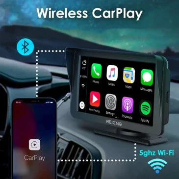 Wireless CarPlay on REXING portable screen connects iPhone via Bluetooth and 5GHz Wi-Fi in car dashboard.