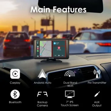REGO 7-inch IPS touchscreen car display on dashboard shows Android Auto maps.