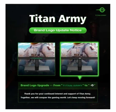 Side-by-side view of Titan Army P2510HS screen with old logo versus new circled symbol in snowy scene.