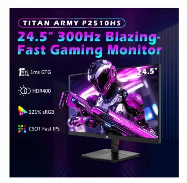 Close-up of TITAN ARMY P2510HS monitor with neon purple game scene, highlights 300Hz rate, 1ms response, CSOT Fast IPS panel, HDR400, and 121% sRGB color