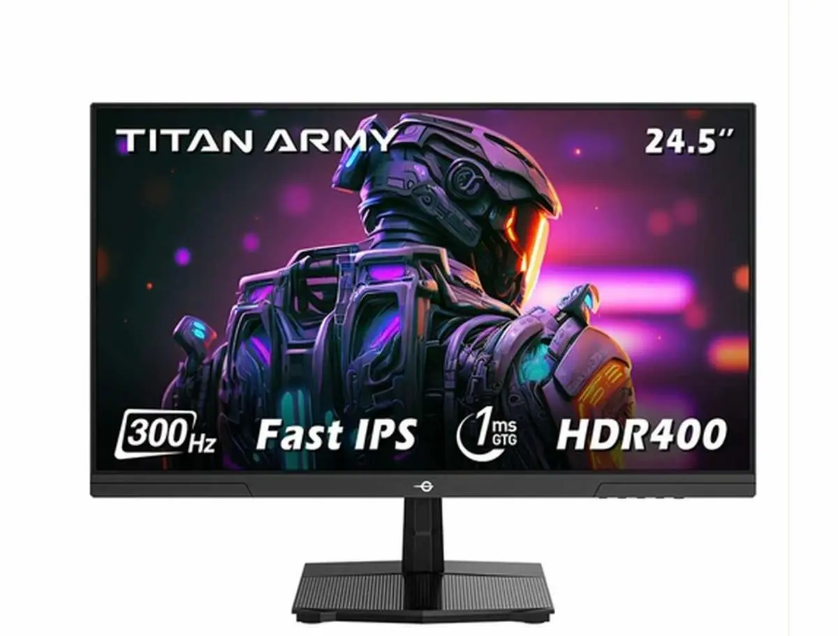 Titan Army 24.5-inch gaming monitor shows a neon-lit cyber warrior on screen, plus 300Hz Fast IPS and 1ms GTG specs.