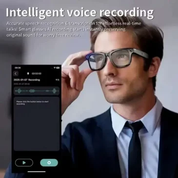 A guy in smart glasses reviews his voice recording on his phone.