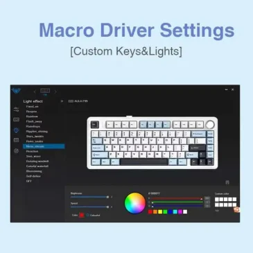 Software interface shows RGB color wheel, speed slider, and lighting effects like rainbow for Wooting keyboard.