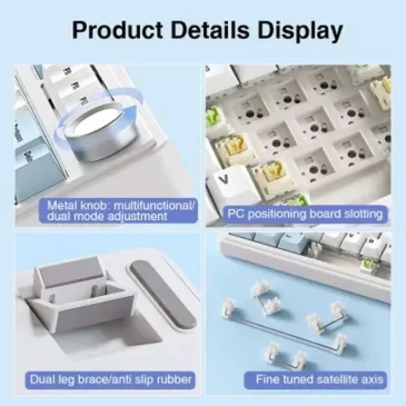 Mechanical keyboard details show a multifunctional metal knob, PC positioning slots, anti-slip rubber legs, and fine-tuned satellite axis.