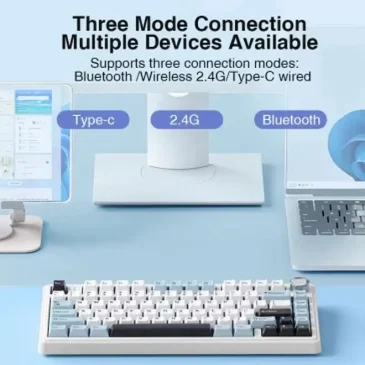 Keyboard image shows three modes: Bluetooth, 2.4G, and Type-C, with laptops attached