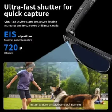 Boy and dog mid leap. Smart glasses keep it steady and sharp.