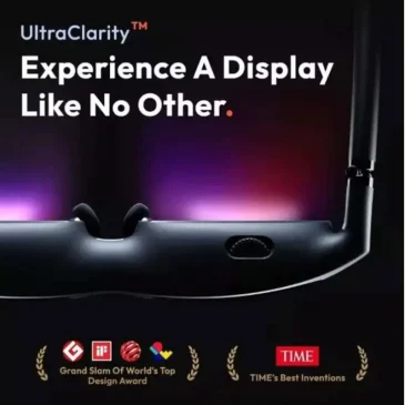 UltraClarity display promo image shows glowing purple smart glasses headset with Grand Slam design award and TIME best inventions badges.