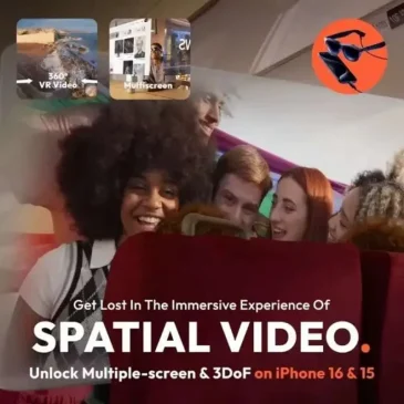 Friends smile while watching spatial video on iPhone 16 screen showing 360 VR and multiview features.