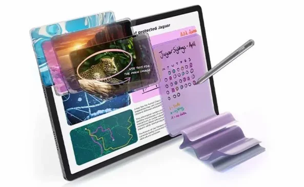 Black tablet on purple wavy stand shows jaguar habitat map and conservation data.