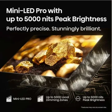 Mini-LED Pro display ad shows golden nuggets glowing on screen with up to 5000 nits peak brightness.