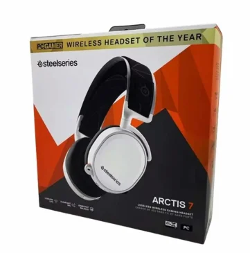 Boxed white and black SteelSeries Arctis 7 headset, winner of PC Gamer's top wireless award for gamers. .