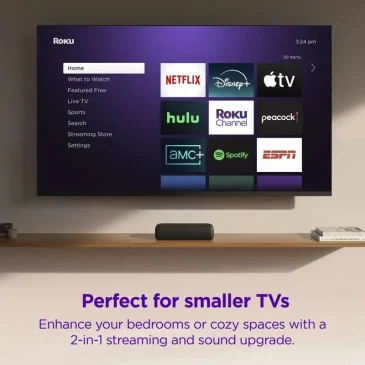 Compact Roku Streambar SE shown with a smaller television, highlighting its space-saving design and easy setup for any room