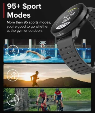 Smartwatch ad features swimming, running, and cycling scenes with 95+ modes.