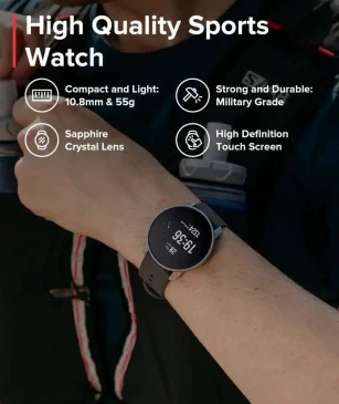 Strong sports watch on arm highlights key specs like 55g weight.