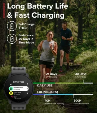 Image of runners and watch screen with battery bars for daily 40H accuracy, exercise GPS up to 40H.