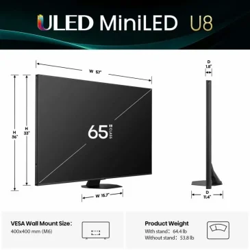 Product specs for ULED MiniLED U8 65-inch TV, showing 57-inch width, 35-36 inch height, weights, and 400x400mm VESA.