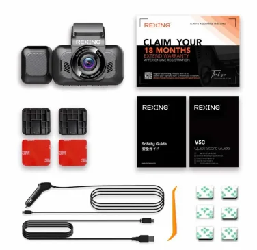 REXING V5C dash cam unboxing with 4K front camera, 1080p cabin cam, mounts, cables, and 18-month warranty box.