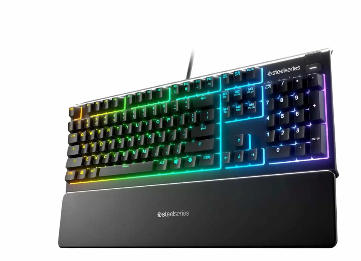 SteelSeries gaming keyboard with RGB backlighting and detachable wrist rest.