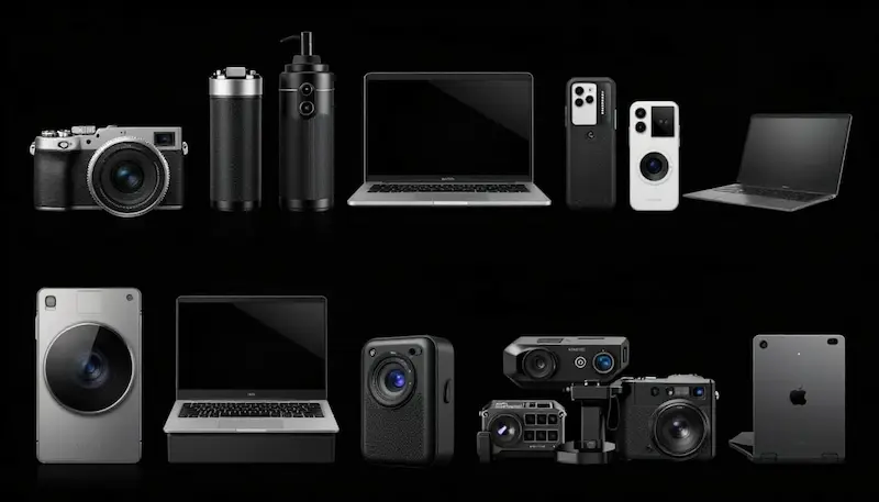 Lineup of black cameras, laptops, smartphones, tablets, and gadgets on a dark background.